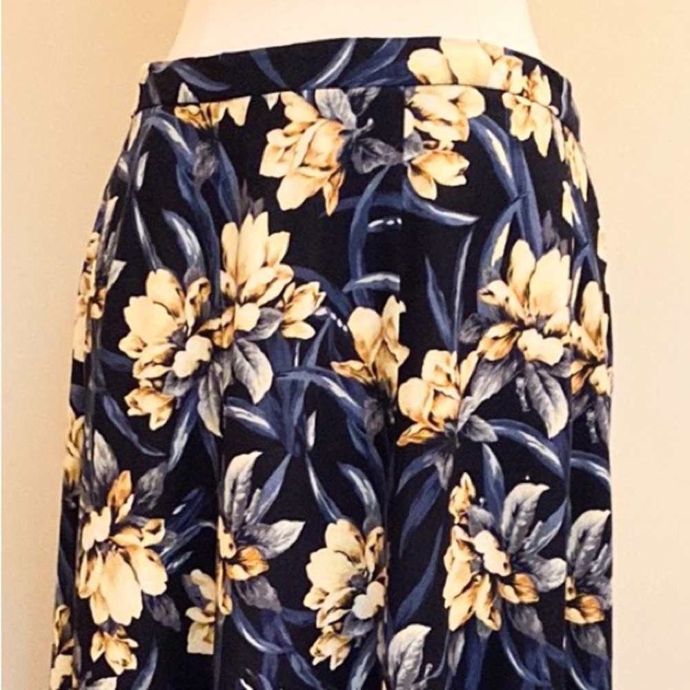 Koret Vintage Blue Yellow Floral Print 18W Grandmacore Boho Retro Academia Skirt - Picture 2 of 9